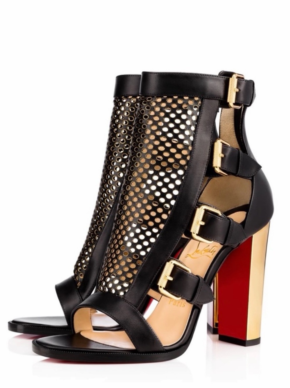 Christian Louboutin Fencing Black & Gold Perforated Leather High Heel Sandals - Picture 1 of 8